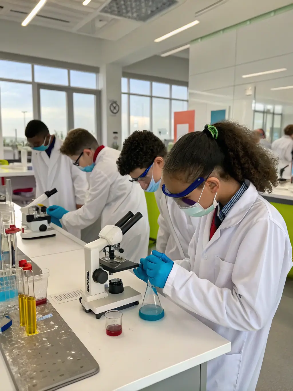 A photograph of students in a science lab at Monte Cassino Girls High, conducting an experiment with beakers and test tubes, showcasing hands-on learning.
