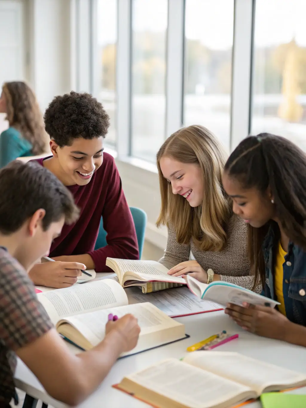 A photograph of students in a literature class at Monte Cassino Girls High, discussing a novel, emphasizing the school's commitment to language and communication skills.