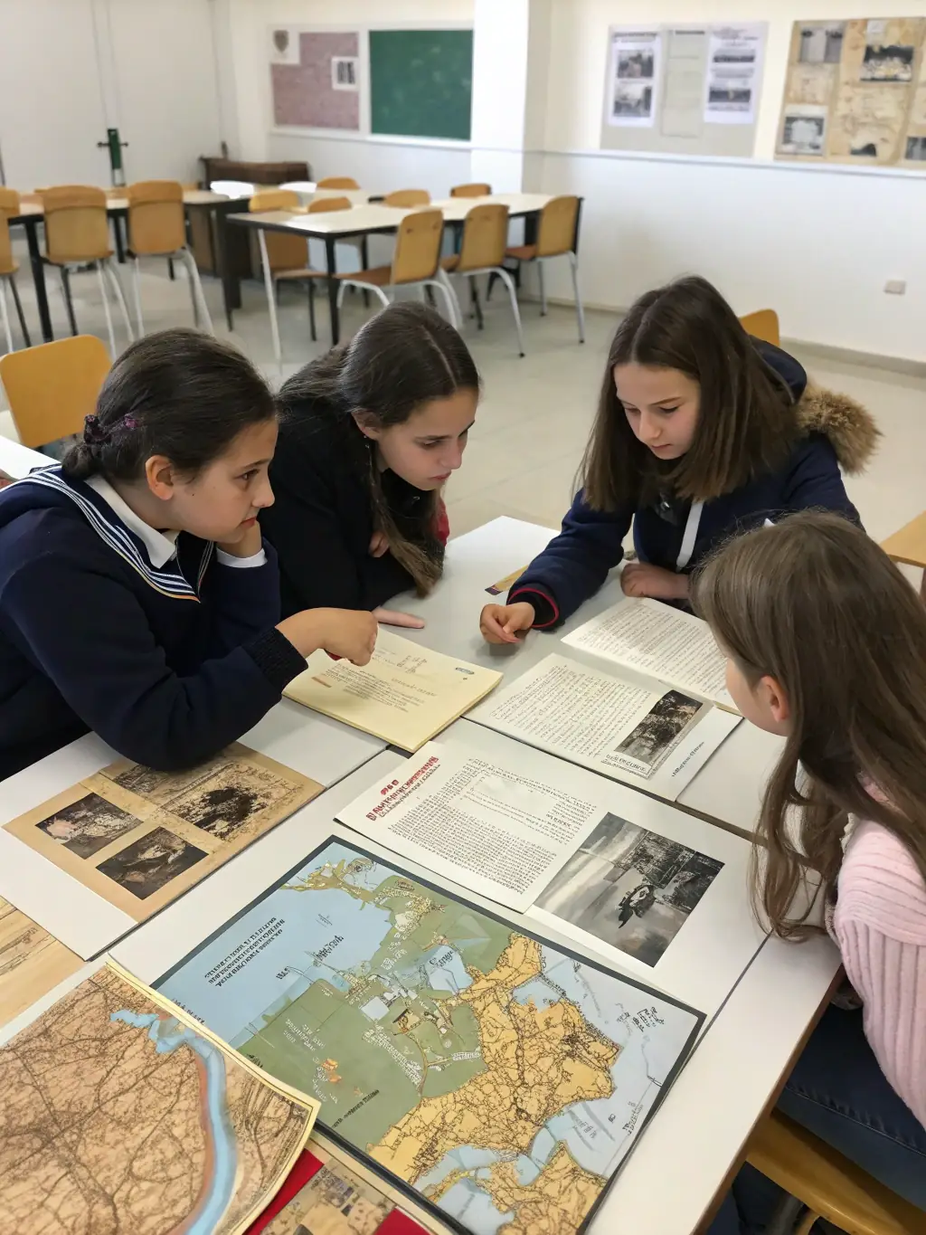 A photograph of students in a history class at Monte Cassino Girls High, studying historical maps and documents, illustrating the school's focus on understanding the past.